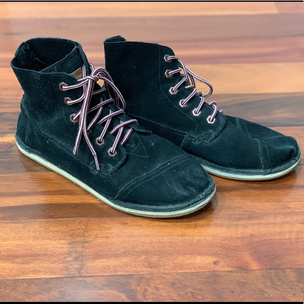 9 Toms Suede High Tops with burgundy white laces